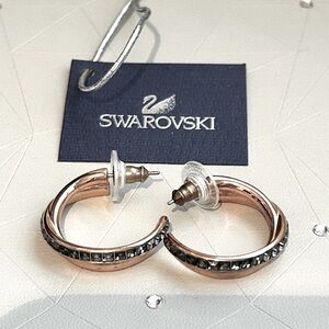 ✨ Vintage Swarovski Rose Hoop Black Pave Crystal Earrings - One Of A Kind
